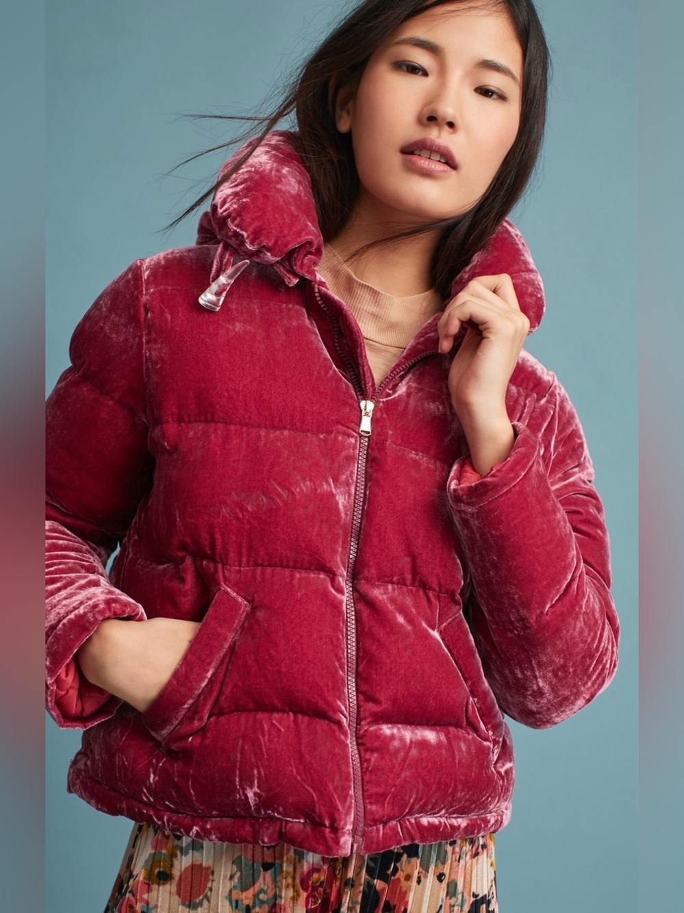 Rachel Antonoff Peggy Velvet Puffer Coat Zip-Up Jacket Hooded Pockets Pink